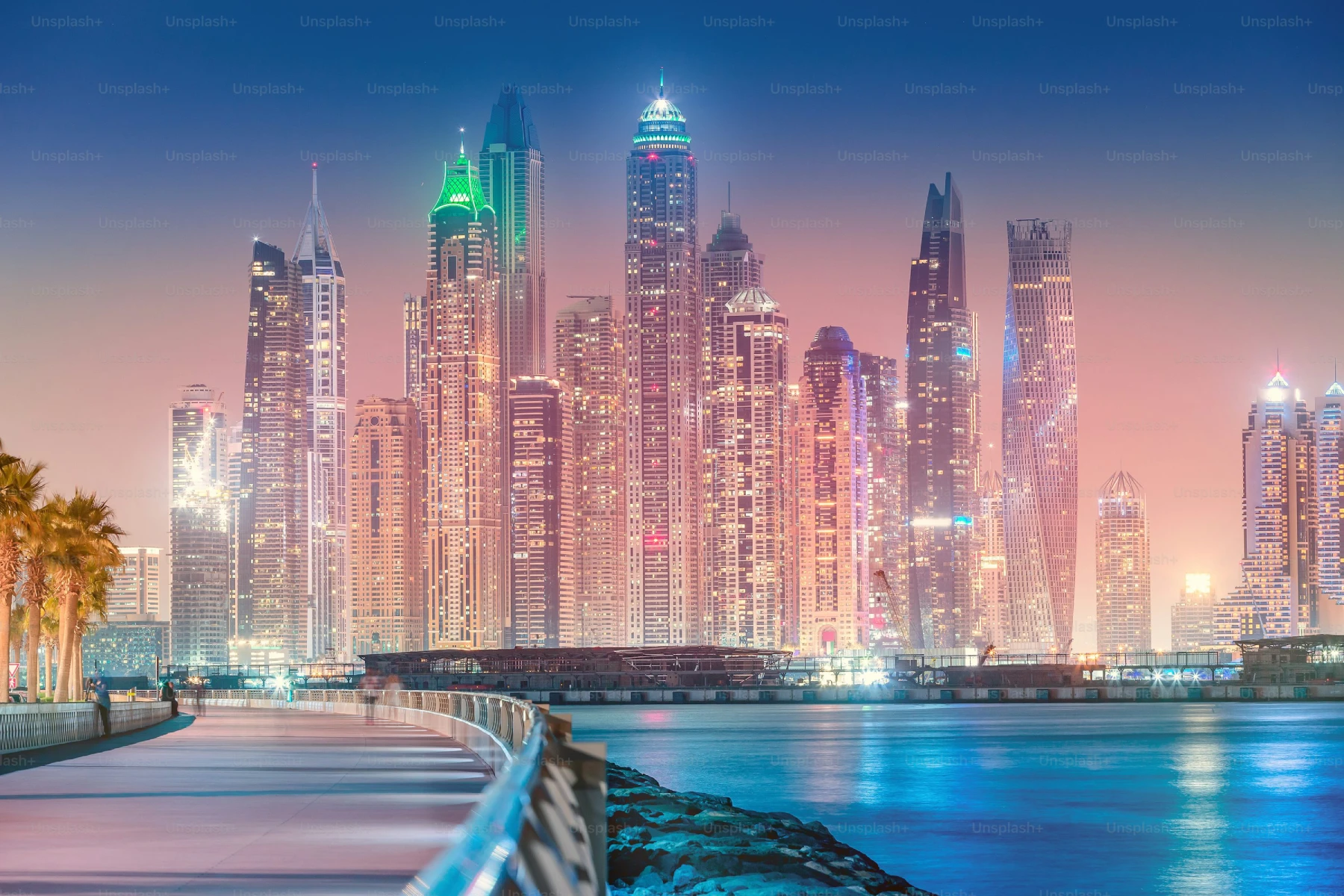 Stunning view of the Dubai Marina at dusk